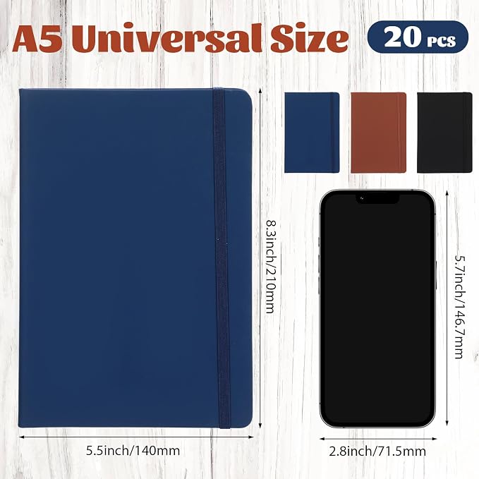 Honoson 20 Pack A5 Lined Journal Notebooks Hardcover Executive Notebook 5.5" x 8.3" PU Leather Wide Ruled Journals Bulk 160 Pages for Back to School Supplies Office Business Home (Black,Navy,Brown)