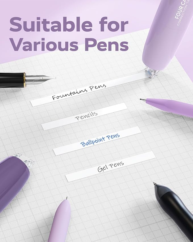 Four Candies Refillable Correction Tape, 4PCS White Tape with 4 Refills | Smooth White Pull-Out Tape for Instant Corrections, Easy to Use Applicator for Office, School Supplies (Purple)