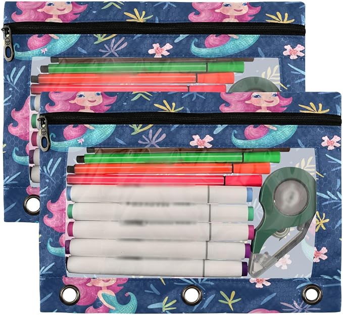 Beautiful Mermaid Pencil Pouch Fits standard 3-ring binders, Zipper Binder Pencil Bag with Clear Window for Class Office 2 Pack