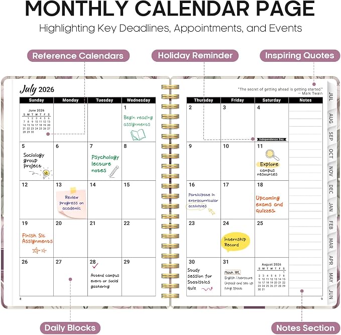 Planner 2026-2027, Academic Year Weekly and Monthly Calender Planner, from Jul 2026 - Jun 2027, Spiral Bound School Planning Book, Perfect for Teacher, Student, Women & Men, A5 (6.3" x 8.5"), Soft Peony