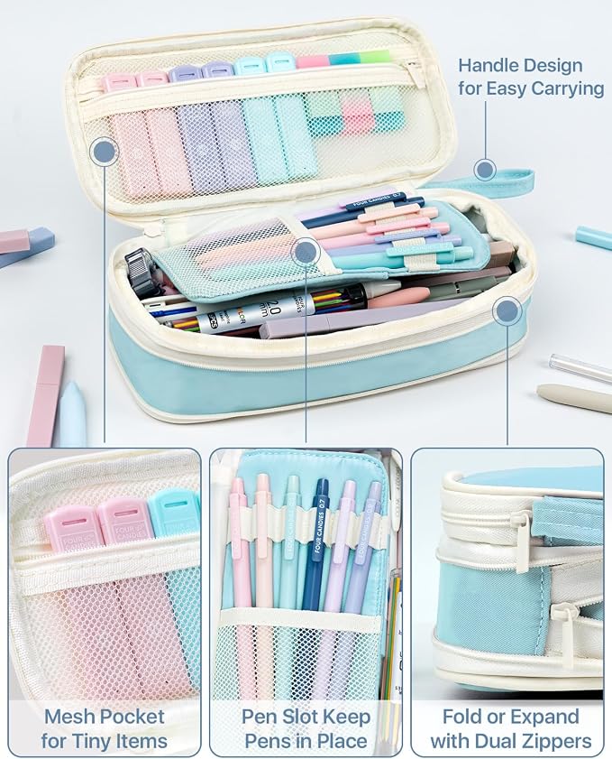 Four Candies 56 PCS School Supplies with Pencil Case, 6 Multicolor Pens, 12 Pastel Highlighters, 5 Gel Pens, 9 Mechanical Pencils for Student Back to School Stationery Set College Essentials (Blue)