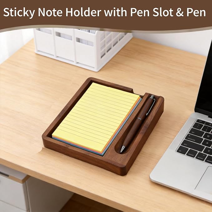 MultiBey Walnut Wood Sticky Note Holder with Pen Slot and Wooden Pen, 4x6 Self-Stick Note Dispenser Desk Accessories, Natural Wood Memo Pad Holder Organizer for Office School Home