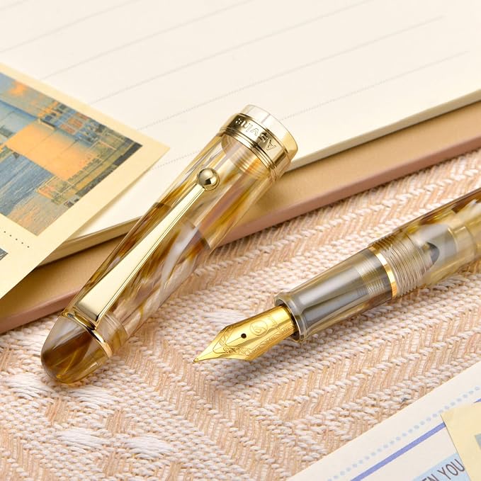 Asvine V126 Vacuum Filling Fountain Pen Brown Swirl Transparent Acrylic, Medium Nib Large-Capacity with Gift Case