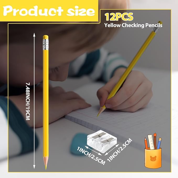 12 PCS Yellow Pencils with Eraser, Pre-Sharpened HB Pencils for Writing & Drawing, School Supplies for Kids Homework, Tests, Art Crafts & Teacher Grading (Yellow)