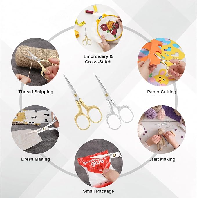 Small Embroidery Scissors,Set of 2 Sewing & Craft Scissors for Precision Cutting,Stainless Steel Fabric Paper Scissor,Gold & Silver