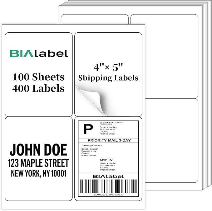 400 Labels 4-Up 4" x 5'' Shipping Address Barcode Labels for Laser & Inkjet Printers, 100 Sheets, White, Permanent Adhesive, BIAlabel