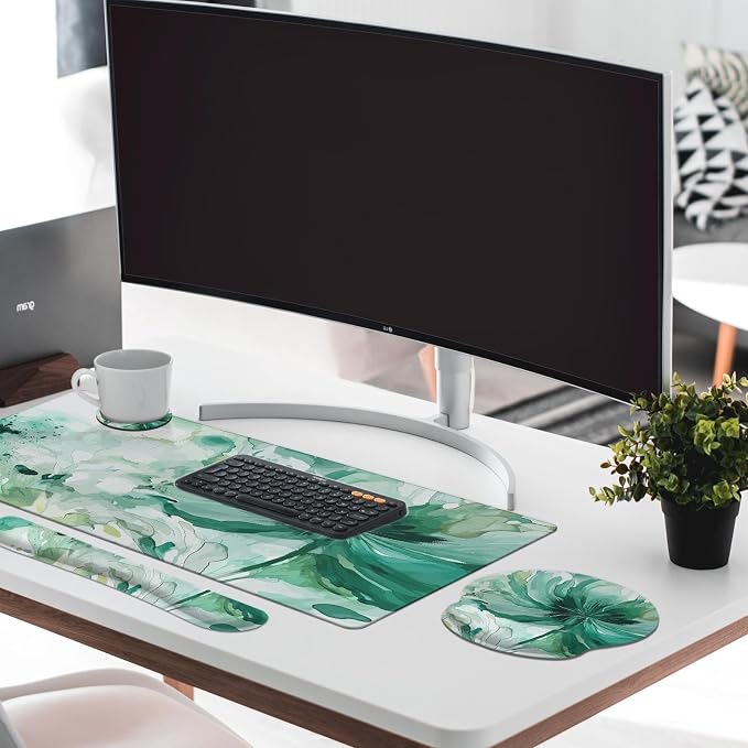 Britimes Colorful Floral Keyboard Mouse Pad Set Flower Green Summer 4in1 Large Mousepad+Keyboard Wrist Rest+Mouse Wrist Rest+Coaster Ergonomic Design for Home Office Computer 35.4x15.7 inches