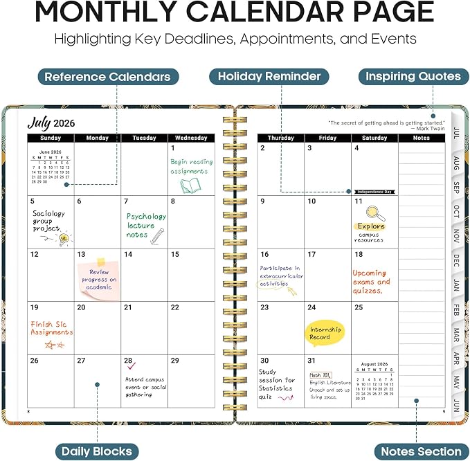 Planner 2026-2027, Academic Year Monthly and Weekly Calendar Planner, Jul 2026 - Jun 2027, Hardcover Teacher Student Planning Agenda book with Tabs, Perfect for School Office Supplies, 6.3" x 8.5" - Citrus Bloom