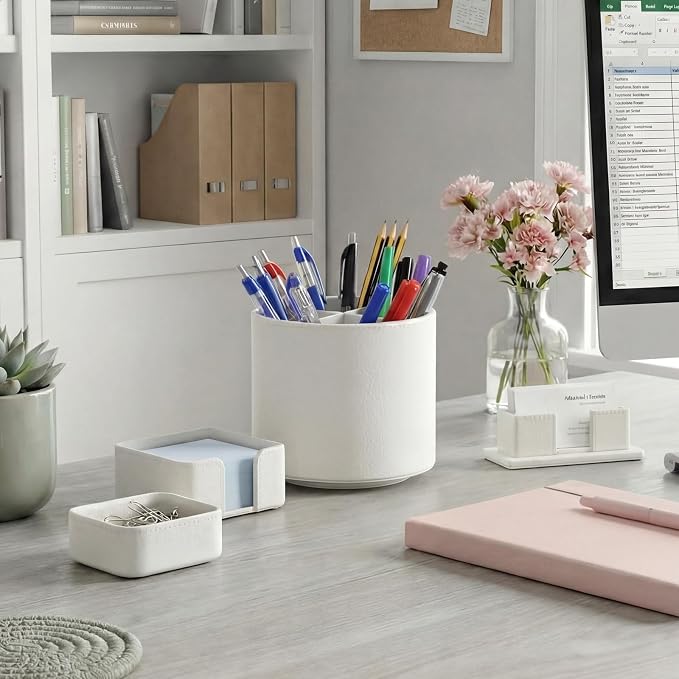 4 Pcs Rotating Leather Pen Holder for Desk Organizer Office Supplies Business Card Sticky Note Holder Paperclip Storage Desk Accessories Set for Teacher Back to School Gift(Beige)