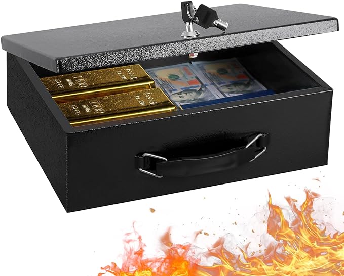 KYODOLED Fireproof Document Box with Key Lock, Large Safe Storage Box for Valuables, Fire Resistance Security Chest, Lock Box for Passport, Cash, Tablet 13.2'' x 11'' x 4.13'' Black