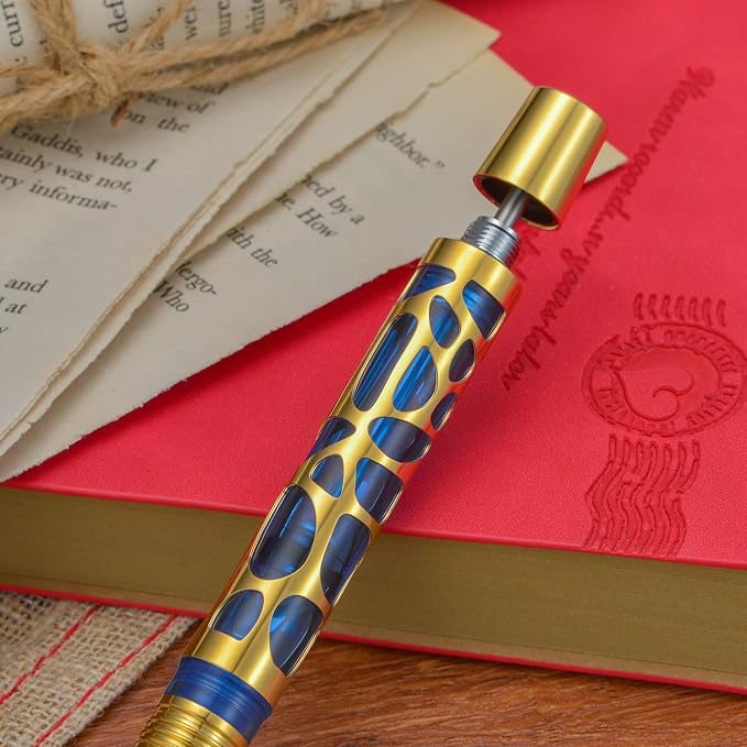 Asvine V169 Vacuum Filling Fountain Pen Medium Nib, Water Drop Skeleton Gold Trim Transparent Blue Acrylic Pen Case Set