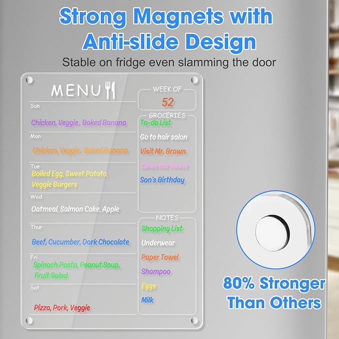 Acrylic Menu Board for Kitchen Weekly Meal Planner Magnetic Planning Board w/ 8 Markers, Clear Weekly Calendar for Fridge Refrigerator Dry Erase Board Noteboard to Do Grocery Shopping List, 12x9’’