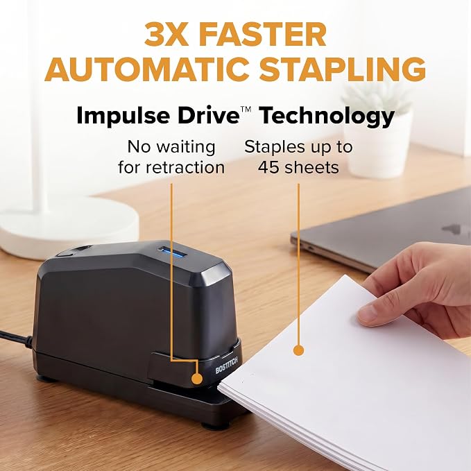 Bostitch Office Impulse Heavy Duty Electric Stapler Value Pack, 45 Sheet Capacity, Includes 5,000 Staples, No-Jam, Faster Stapling, Black