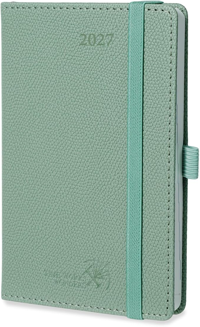 POPRUN 2027 Pocket Planner Weekly and Monthly (Purse Size-4'' x 6.25'') | Pocket Daily Calendar (Jan 2027 - Dec 2027) Appointment Book with Lined Sections, Leather Hardcover, 100GSM - Army Green