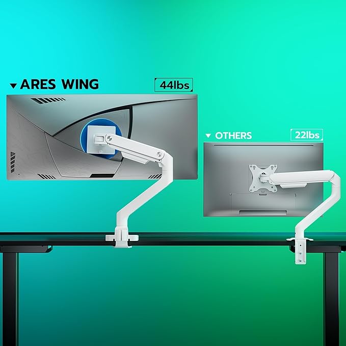 ARES WING Ultrawide Monitor Arm for 17 to 49 Inch and 44 Lbs Screen, White | Pro Gas Spring, Full Range of Motion, for 75/100 Vesa Mount, for Samsung, LG Curved/Flat Monitor, with C Clamp, Grommet Base