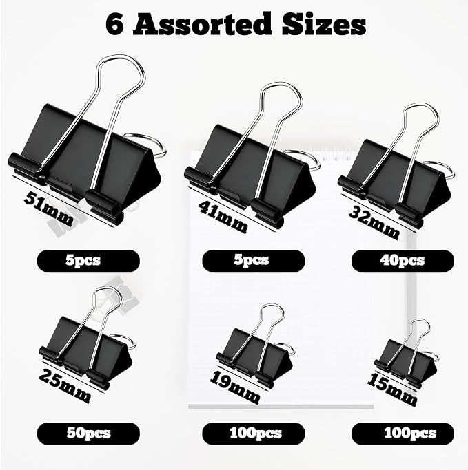 300Pcs Assorted Binder Clips Bulk Black Paper Clamps Office Supplies | 6 Sizes Jumbo, Large, Medium, Small, Mini and Micro, Metal Metal Binding Med Clips for Teachers Business
