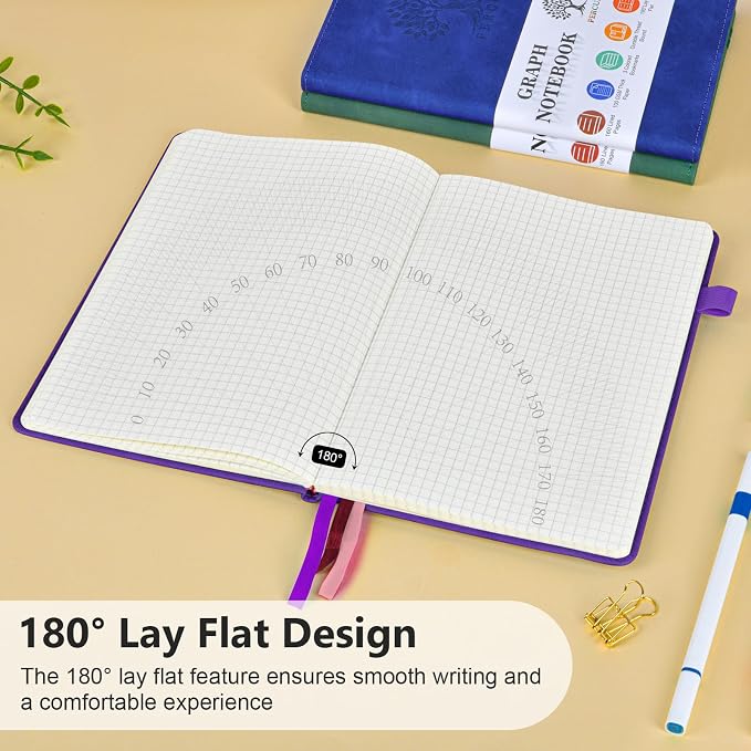 PERCUN A5 Graph Paper Notebook, Leather Journal, 160 Pages Grid Notebook | 5.9"x8.5" hardcover journal with quad ruled paper for work, school, writing, notes, journaling and daily planning.