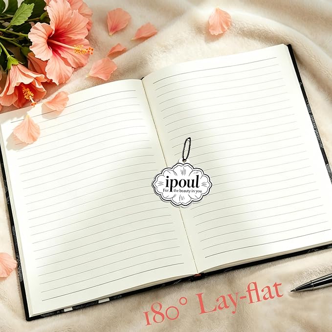 Flower Notebook, A5, 6x8, Hardcover, Lay Flat, Lined Paper, Ruled Page, Journal for Women, Writing Notebook, Pretty, Magnolia, Black, Birthday Gifts for Women, Mothers day Gifts