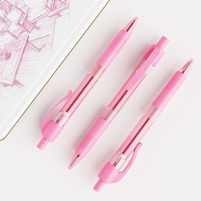 deegtran Pens Bulk, 30 Pack No Bleed Pink Ink Click Pens with Soft Grip, Wholesale Retractable Ballpoint Pens for Office School, Medium Point Smooth 1.0MM