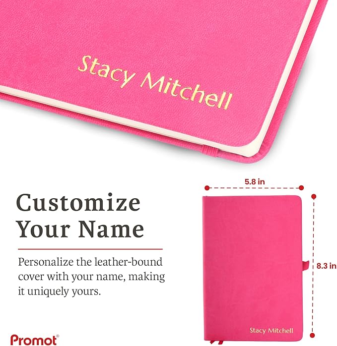 Promot PU Leather Ruled Journal Notebook- Custom Gold Metallic Text (Pink) | Premium Leather-Look Cover, Smooth Lined Writing Pages, Durable Everyday Construction, Lay-Flat Writing Experience