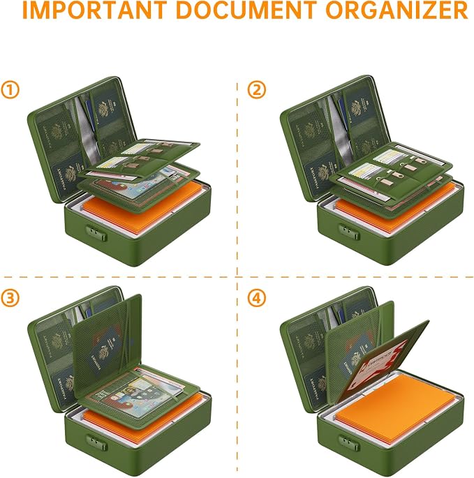 DocSafe 5200°F Fireproof Document Organizer Box with Lock, Green (Soft) | Heat Insulated 8 Layers File Protection Bag,Water-Resistant Zipper,Portable Home Office Travel Safe Storage for Files,Laptop