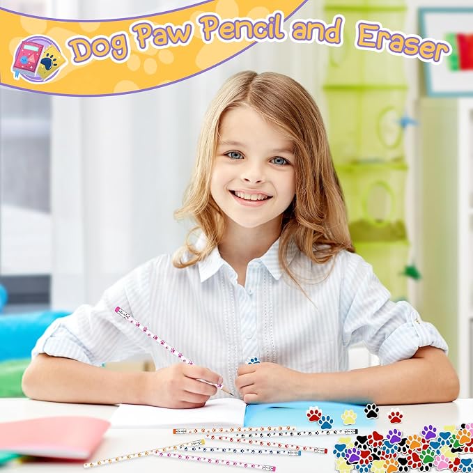 Weecent 48 Pcs Paw Print Pencil Eraser Sets Colorful Wooden Pencils with Paw Eraser for Kids Dog Themed Birthday Party Favors Welcome Back to School Favors Office Supplies