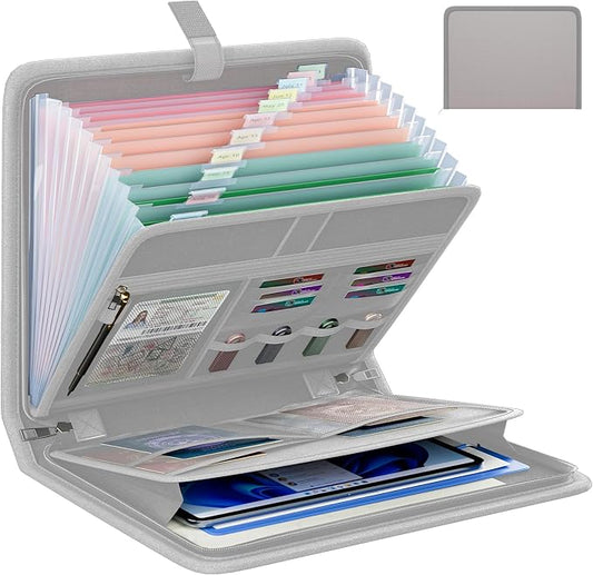 Fireproof Accordion File Organizer, Expanding File Folder with 13 Pockets | Portable Document Organizer with Waterproof Zipper & Labels, File Organizer for Important Document/Paper Storage, Gray