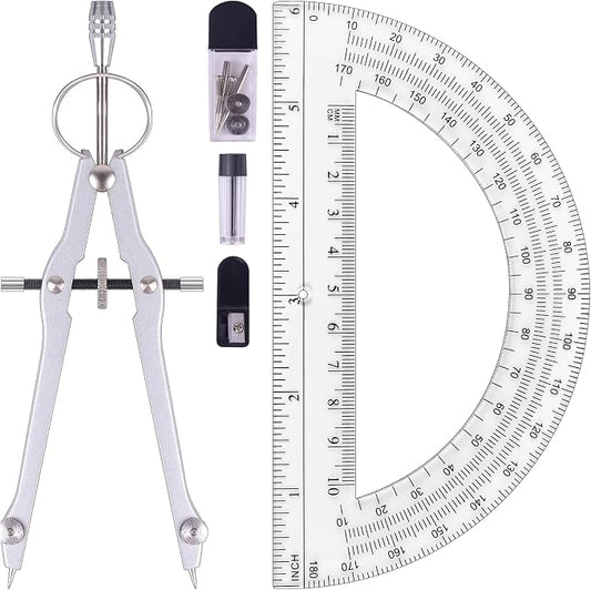 Unjoo Compass and Protractor Set, Math Compass for Geometry (Silver) | Professional Drawing Compass Tool, Metal Compass with Extra Refills, 6 Inch Math Protractors 180 Degree, For School, Office