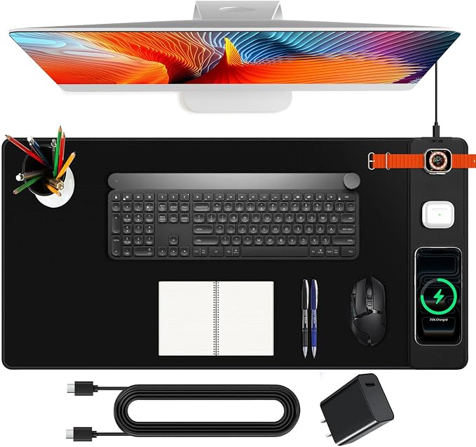 Mouse Pad with Magnetic Wireless Charging, Large Desk Mat, Non-Slip Mouse Mat, Keyboard Pad for Gaming, Desk, Office, PC
