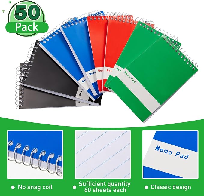 Thenshop 50 Pads Spiral Memo Pads Bulk 3 x 5 Inch Small Pocket Notepad Top Bound Lined 60 Sheets Mini Notebooks for School College Office Home Supplies (Classic Colors)