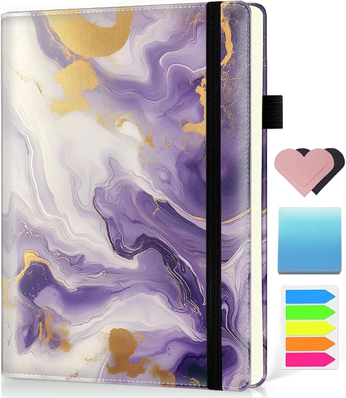 Hardcover Executive Notebooks, A5 PU Leather Lined Journal Notebook, 200 Pages Thick Paper Subject Notebooks for School,Work,Home Writing Business Notebook, Diary Book ，Purple and Gold Marble