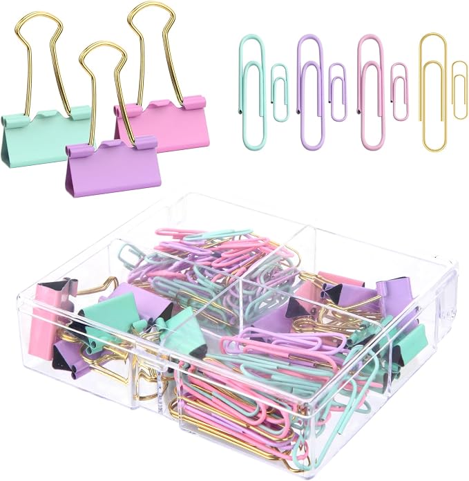 Pastel Paper Clips Binder Clips Set with Storage Box, 165 Psc, Assorted Size Decorative Office Clips, Cute Desk Accessories for School, Home Office, Planner, Journal and Documents