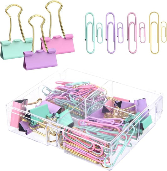 Pastel Paper Clips Binder Clips Set with Storage Box, 165 Psc, Assorted Size Decorative Office Clips, Cute Desk Accessories for School, Home Office, Planner, Journal and Documents