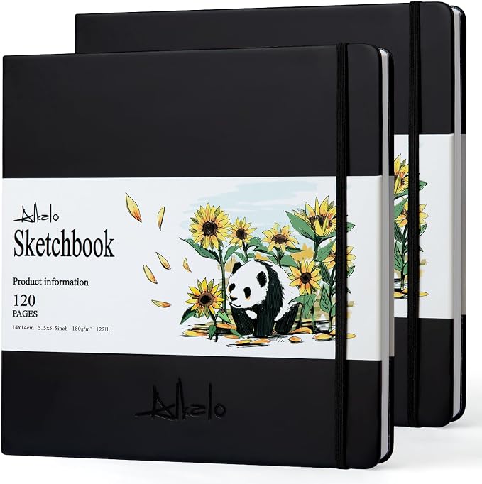 ALKALO Square Sketchbook for Drawing, 120 Pages Sketch Book, 122LB/180GSM Thick Paper, Mixed Media Sketchbook for Charcoal Pencil, Inks Pen, Colored Pencil, Acrylic Marker, Oil Pastel