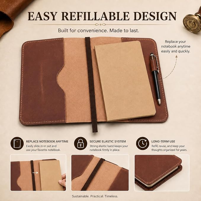 A5 Leather journal cover, Refillable Journal Cover for Large and Medium A5, Leather Handmade Notebook Cover, 9 x 6 Inches Leather Bound Journal (Tan)