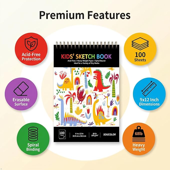 Soucolor Sketch Book for Kids, 9" x 12" Kids Sketchbook | 100 Sheets |Acid-Free Drawing Paper |Spiral bound| Lightweight fine-texture matte