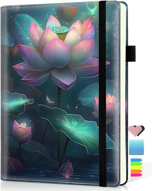 Hardcover Executive Notebooks, A5 PU Leather Lined Journal Notebook, 200 Pages Thick Paper Subject Notebooks for School,Work,Home Writing Business Notebook, Diary Book, Tranquil Lotus Pond