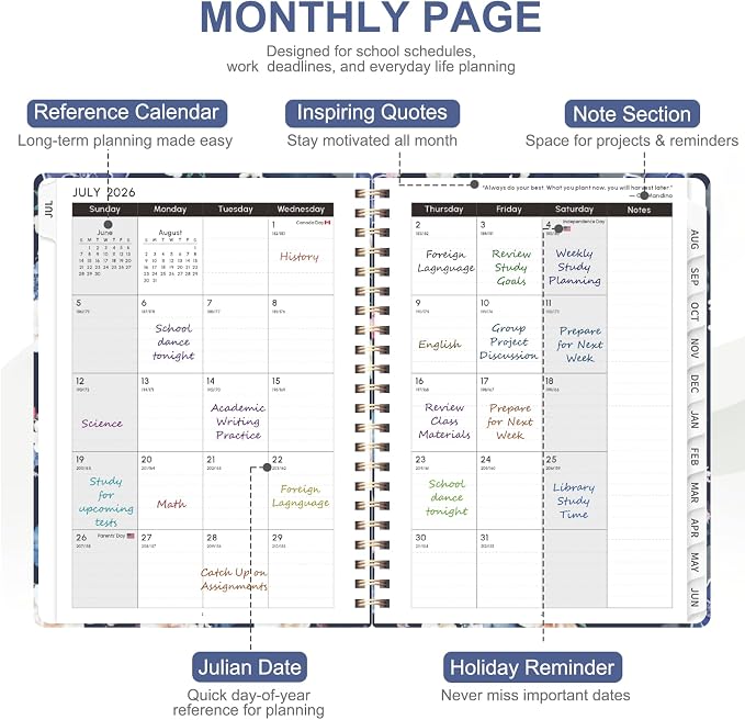Planner 2026-2027, Weekly and Monthly Academic Planner, July 2026 - June 2027, Hardcover Calendar Agenda Book for School Year Planning, School Supplies for Teacher and Student, A5(6.3'' x 8.5'')