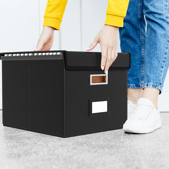 File Organizer Boxes with Lids, Collapsible Faux Leather Hanging File Folder Box Organizer with Plastic Slide, Decorative Home/Office Filing System Boxes for File and Folders Storage
