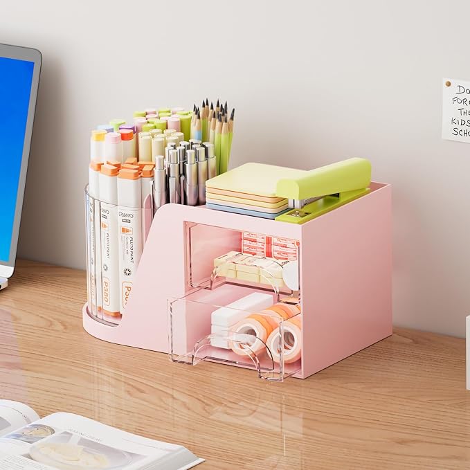 Marbrasse Desk Organizer with 2 Drawer, 360°Rotating Pen Holder, Desk Organizers and Accessories with 6 Slots Pencil Organizer + 2 Drawer, Art Supply Storage Box Caddy for Office (Pink)