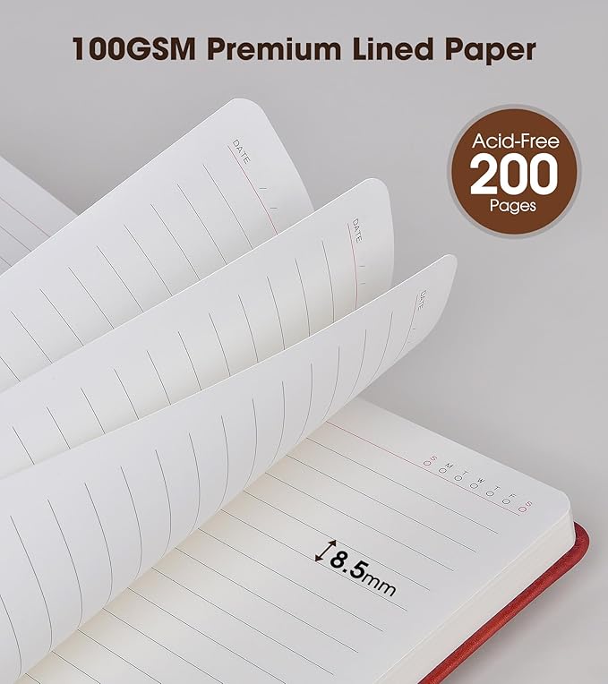 Lined Journal Notebook with Pen, A5 Personalized Hardcover Leather Journal for Men Women, 200 Pages 100 GSM Thick Paper College Ruled Notebooks for Work Travel School Writing Diary 5.9" X 8.4" Red