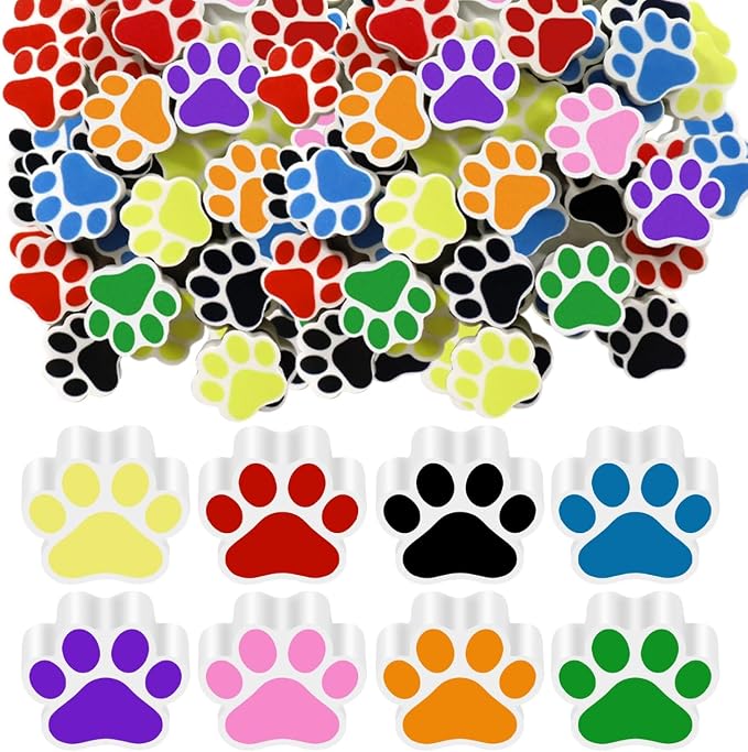 Weecent 48 Pcs Paw Erasers 8 Colors Paw Print Erasers Dog Birthday Party Favors Cat Party Gifts Welcome Back to School Supplies