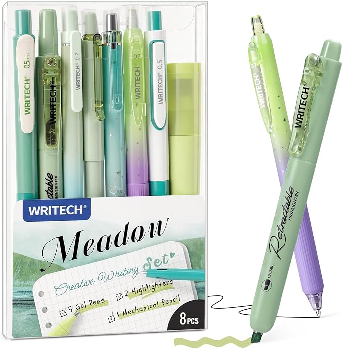 WRITECH Gel Pens Journaling Highlighters: Green Journal Set Assorted Pastel Color 0.5mm&0.7mm Fine Point Retractable Black Ink Pen Mechanical Pencil Smooth Writing Drawing 8ct