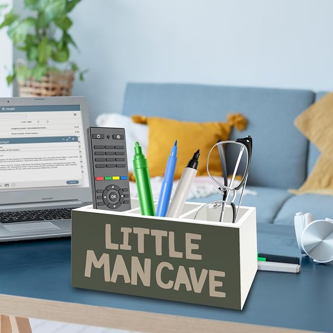 Boy Nursery Green Pen Pencil Holder Organizer for Desk, Little Man Cave Wooden Box Signs Decorations for Kids Room Bedroom Playroom Classroom Desk Tabletop, Boy Room Decor