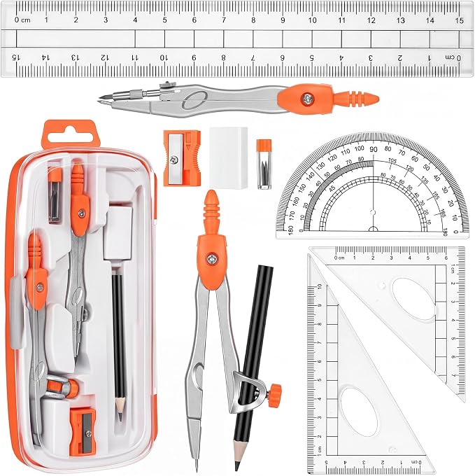 Zonon Math Geometry Set for Students 10 Pcs Compass Geometry Tools Kit Includes Protractor Compass Lead Refills Rulers Pencil Sharpener Eraser Pencil Storage Box for Drafting and Drawings(Orange)