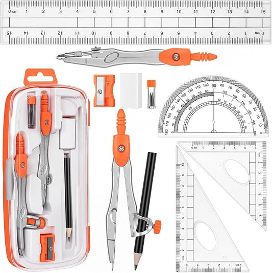 Zonon Math Geometry Set for Students 10 Pcs Compass Geometry Tools Kit Includes Protractor Compass Lead Refills Rulers Pencil Sharpener Eraser Pencil Storage Box for Drafting and Drawings(Orange)