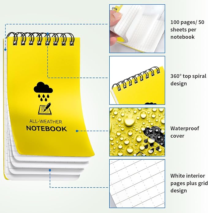 COIDEA 3 Pack Waterproof Notebook, 3 x 5 Pocket Notepad, All Weather Small Pocket Notebook Paper, Mini Spiral Notepad Police Notepad 100 Lined Pages for Outdoor Office
