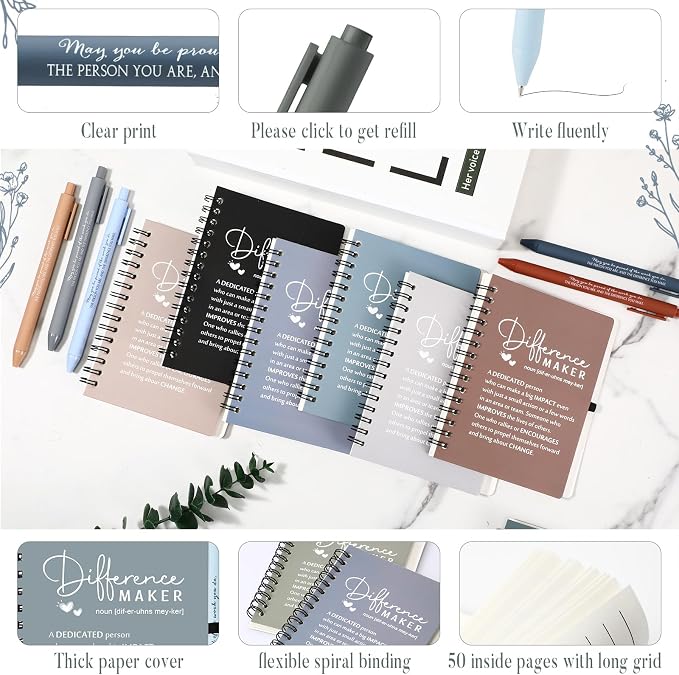 Resurhang 10 Sets Difference Maker Employee Appreciation Gift Bulk Inspirational A6 Spiral Notebook Journal Ballpoint Pens for Teacher Volunteer Coworker Team Back to School (Neutral Colors)