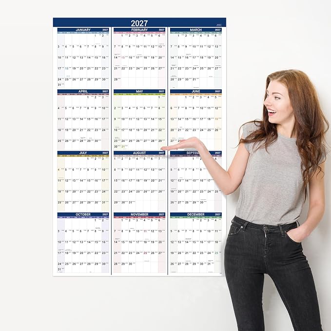 2027 Yearly Wall Calendar - Calendar 2027,Jan 2027 - Dec 2027, Yearly Planner, 34.3" x 22.8"(Open), Large Wall Calendar 27 with Premium Paper, Double-Sided Small Round Sticks, Azure