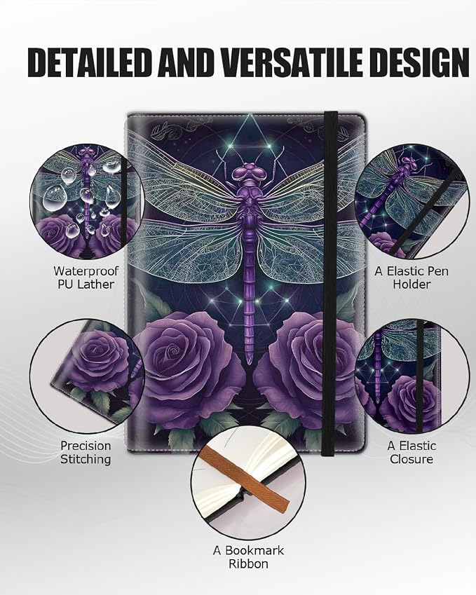 Hardcover Executive Notebooks, A5 PU Leather Lined Journal Notebook, 200 Pages Thick Paper Subject Notebooks for School,Work,Home Writing Business Notebook, Diary Book, Purple Dragonfly 2